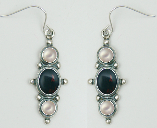 Sterling Silver Drop Dangle Earrings With Bloodstone And Cultured Freshwater Pearl